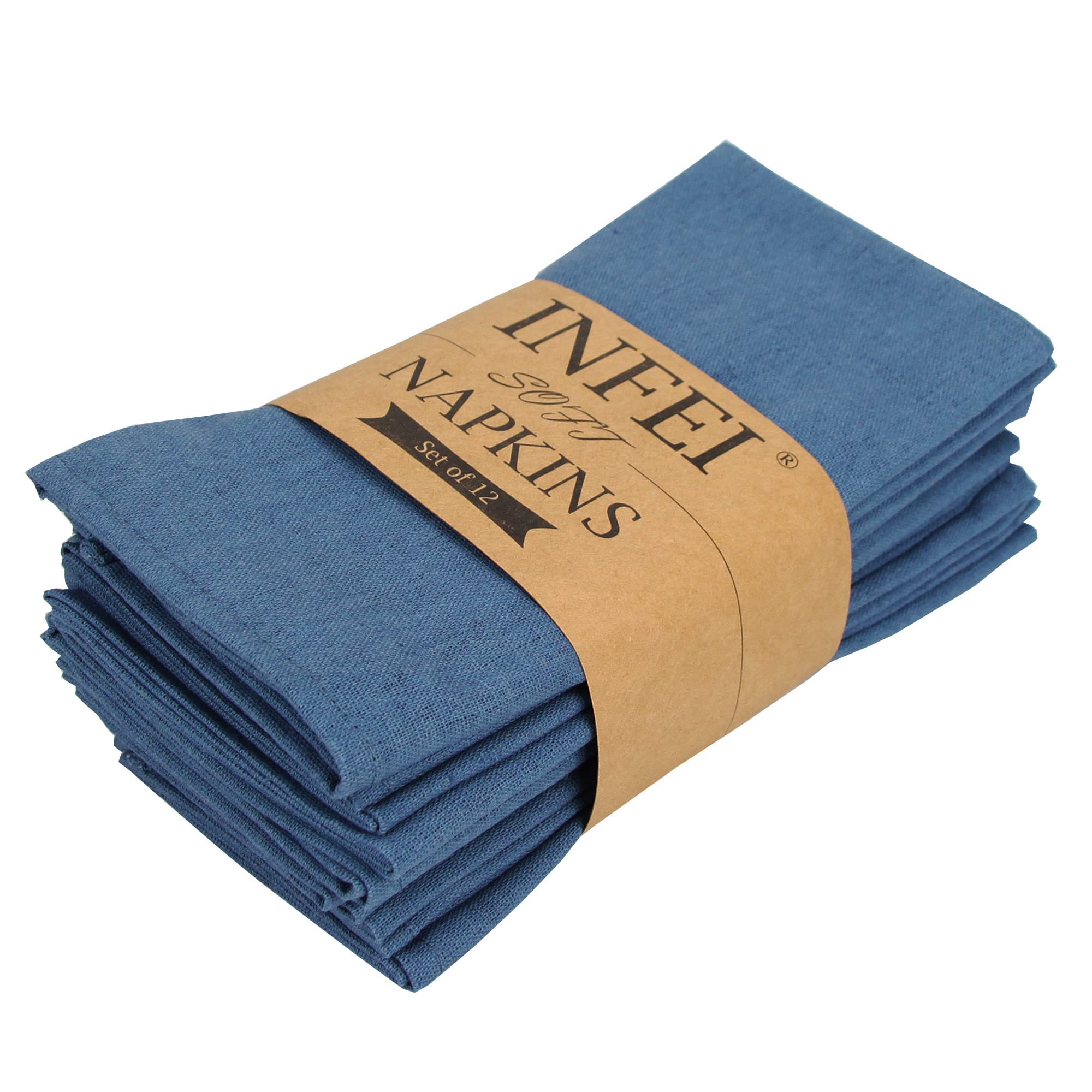 INFEI Solid Color Cotton Linen Blended Thin Dinner Cloth Napkins - Set of 12 (40 x 40 cm) - for Events & Home Use (Aegean)