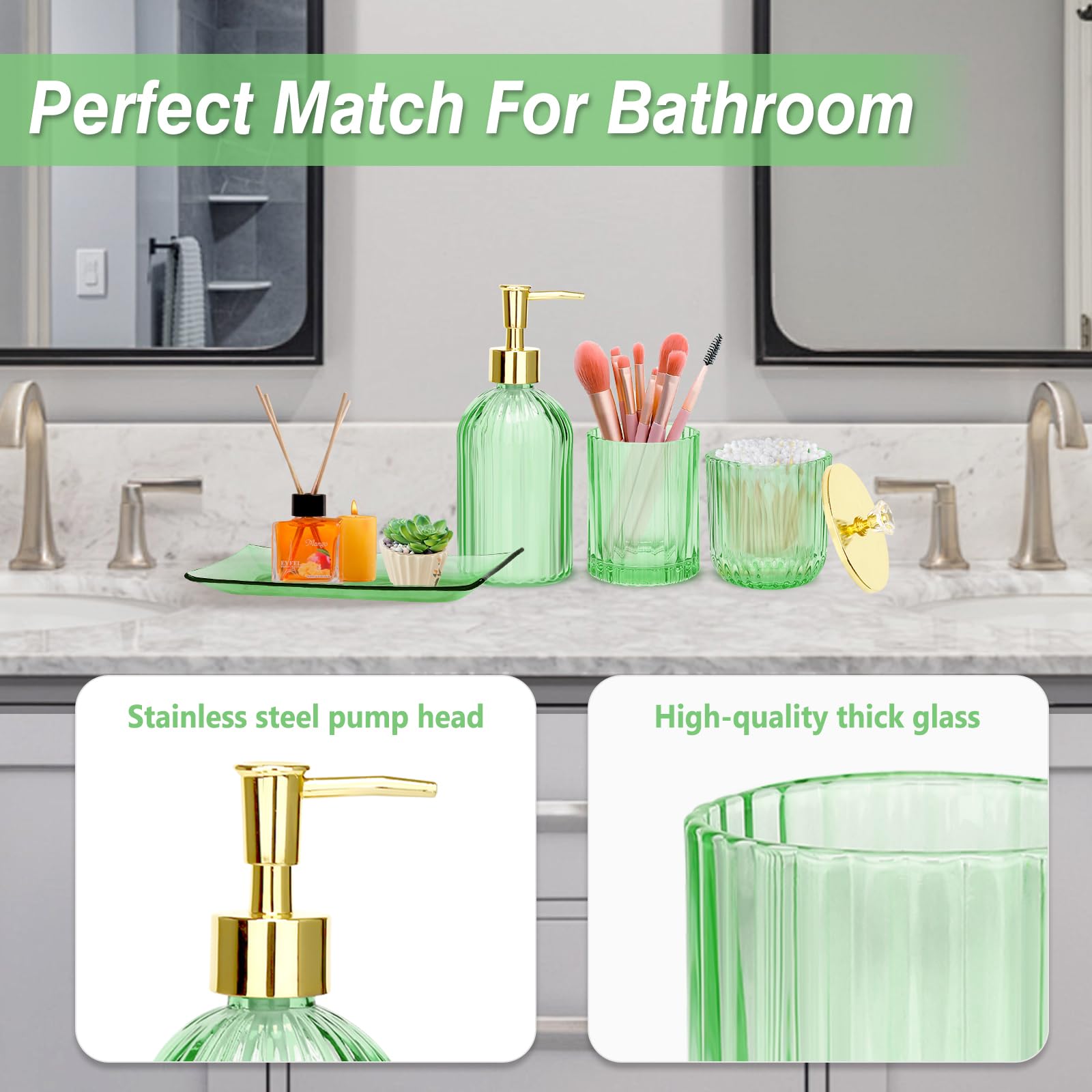Jenseits Green Bathroom Accessories Set, 4 Pcs Glass Bathroom Accessory Sets, Soap Dispenser, Toothbrush Holder, Qtip Holder, Va