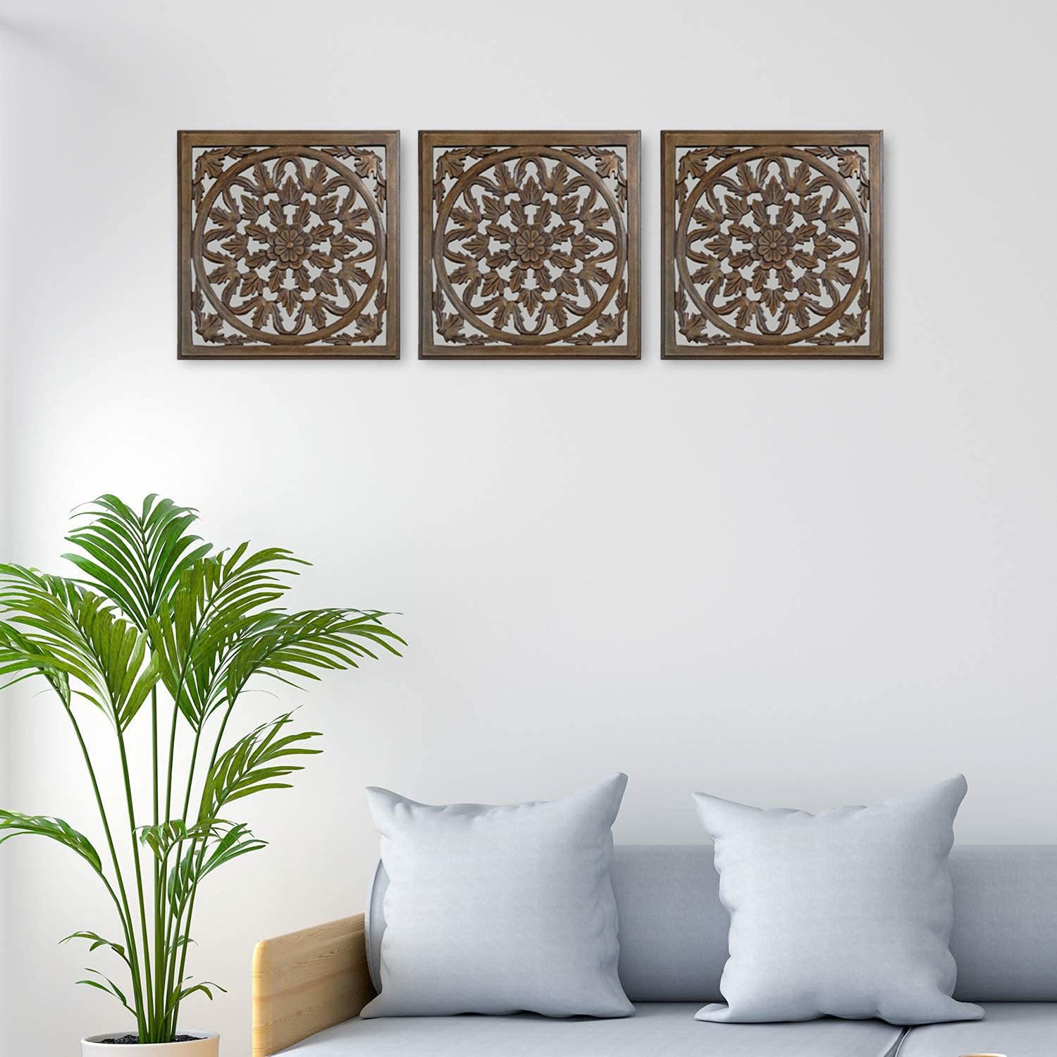 SPACE WOOD Wall Hanging Panel | Decorative Frame for Living Room | MDF Wooden Decor for Home, 12x12 Inches, Brown (Pack of 3)