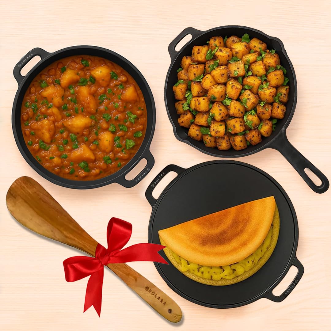 Solara Pre-Seasoned Cast Iron Cookware Set Of 3 With Free Wooden Spatula, Tawa(12 Inch/30 Cm) + Frying Pan(10 Inch/25 Cm) + Kadh