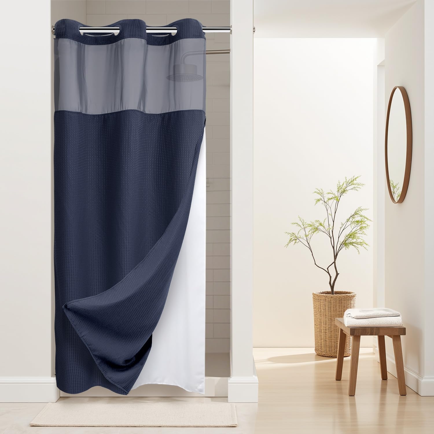 Stall No Hooks Required Waffle Weave Shower Curtain with Snap in Liner - 36W x 74H Hotel Grade Spa Like Bath Curtain Navy