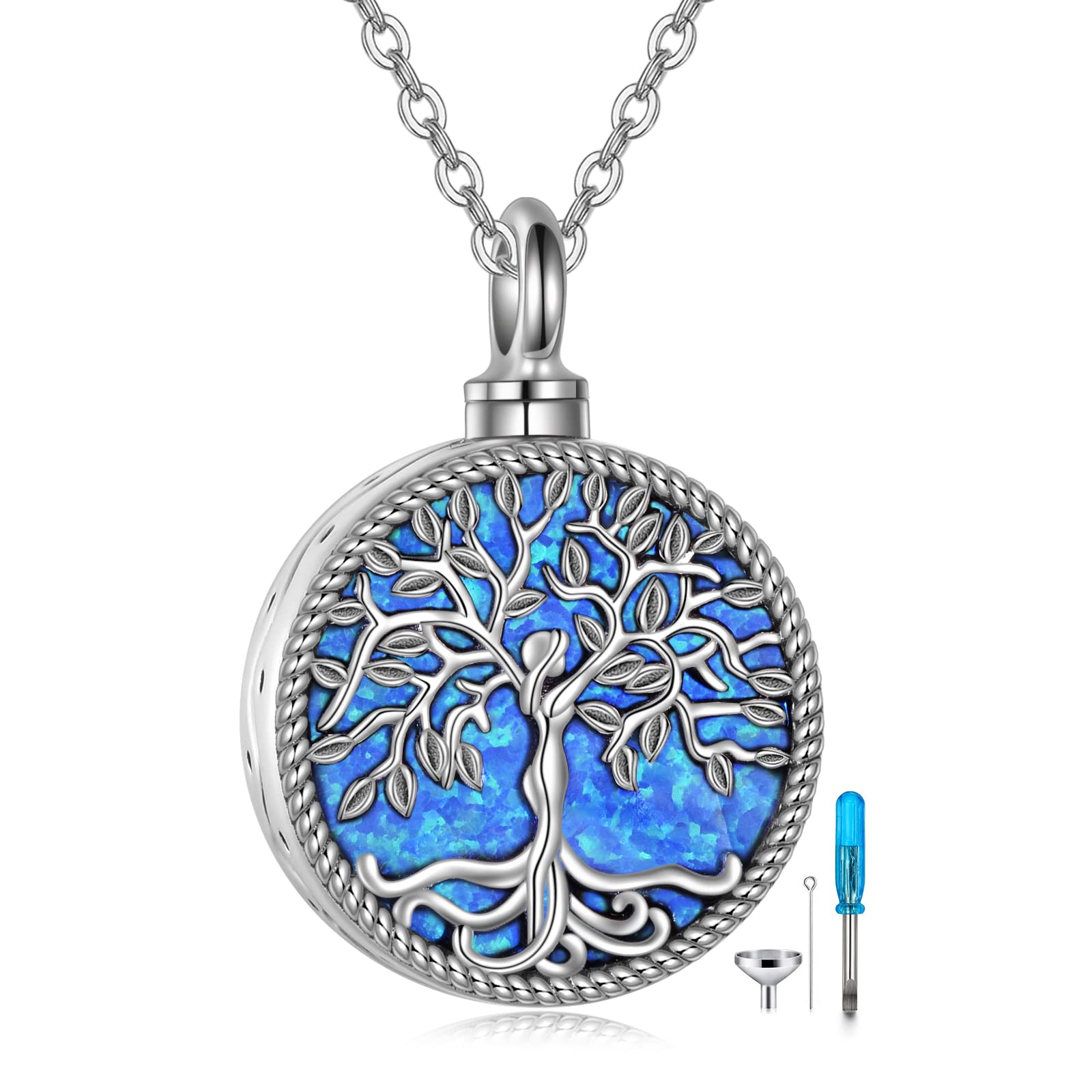 ONEFINITY Urn Necklace for Ashes Sterling Silver Tree of Life Cremation Jewelry for Ashes Blue Opal Memory Jewelry for Women