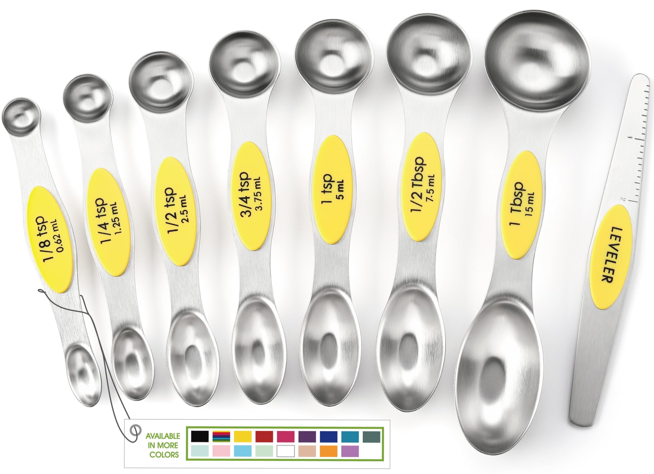 Spring Chef Yellow Stainless Steel Magnetic Measuring Spoons Set Of 8 With Leveler, Dual Sided Metal Teaspoon & Tablespoon Measu