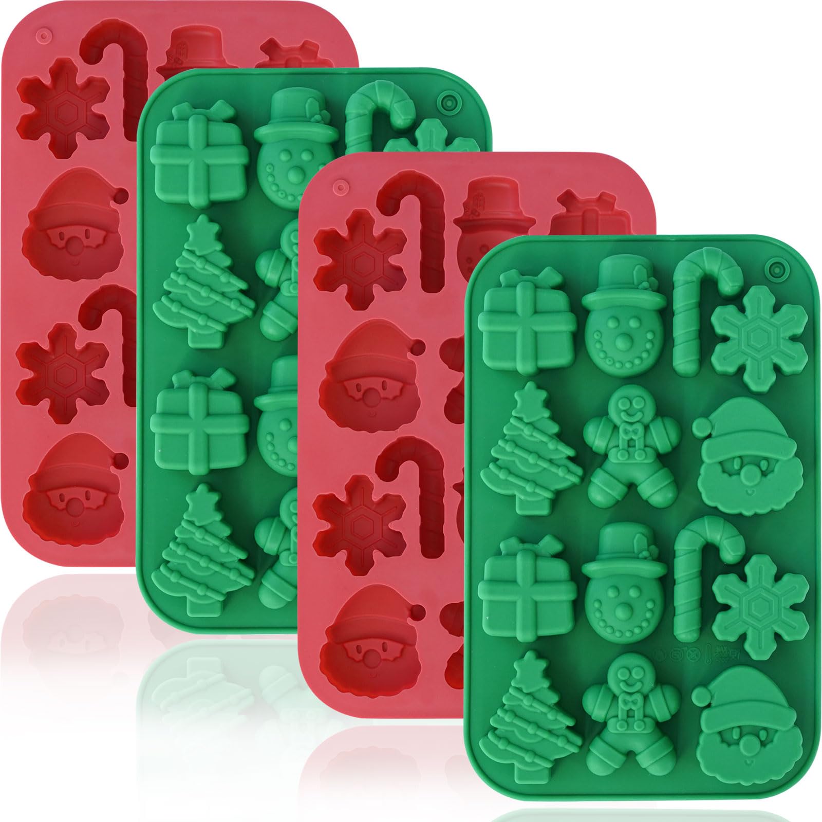HKNMTT Christmas Silicone Chocolate Molds, 4 PCS Candy Baking Moulds, 3D Snowflake Cane Snowman Xmas Tree Gingerbread Man Santa 