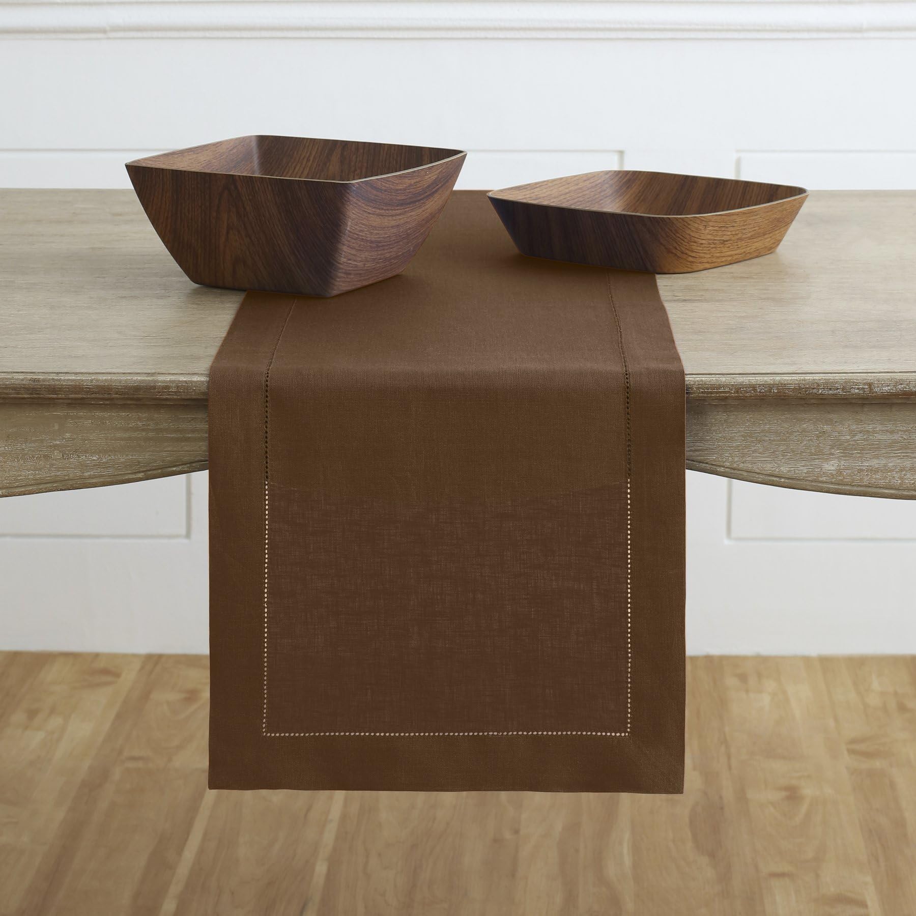 Solino Home Linen Brown Table Runner 60 Inch - 100% Pure Linen Classic Hemstitch Short Table Runner 14 X 60 Inch Ideal For Dress