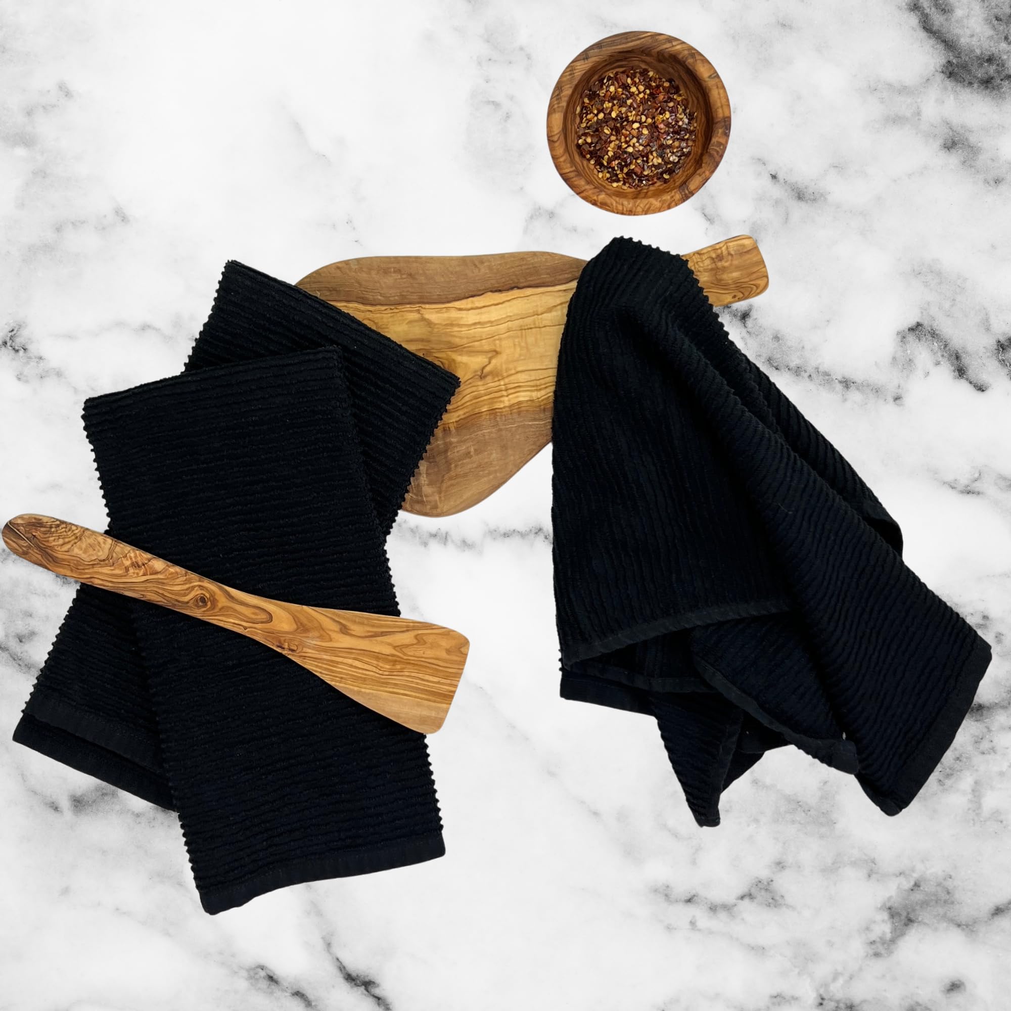 Serafina Home Oversized Solid Color Black Kitchen Dish Towels: 100% Cotton Cloth Soft Cleaning Drying Absorbent Ribbed Terry Loo