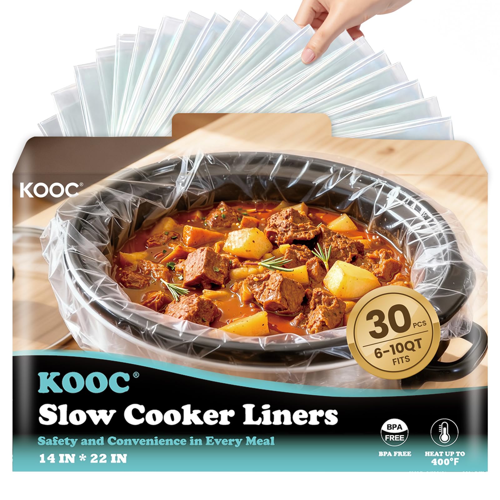 KOOC Slow Cooker Liners, 30 count 14 x 22 Extra Large Size Cooking Bags Fits 6-10 Quart Pots, Disposable Cooking Trays Suitable 