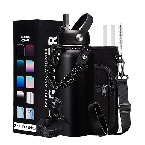 32-40-64OZ Stainless Steel Water Bottle - Black Water Bottle with Straw & Spout Lid  Paracord Handle & Bottle Sleeve  Insulated Vacuum Water Flask Double-Wall Metal Thermo Cup Canteen for Gym School