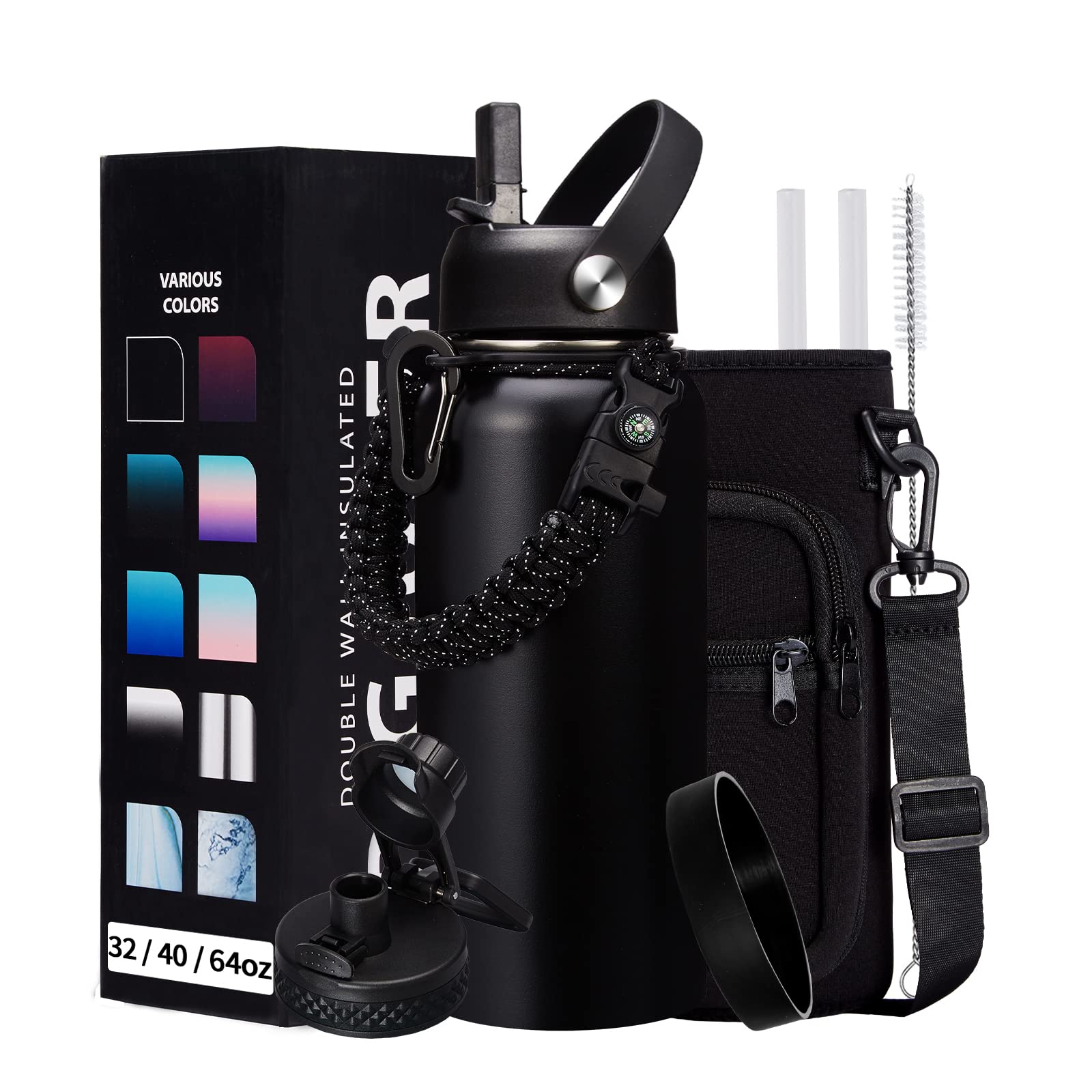 32-40-64OZ Stainless Steel Water Bottle - Black Water Bottle with Straw & Spout Lid  Paracord Handle & Bottle Sleeve  Insulated Vacuum Water Flask Double-Wall Metal Thermo Cup Canteen for Gym School