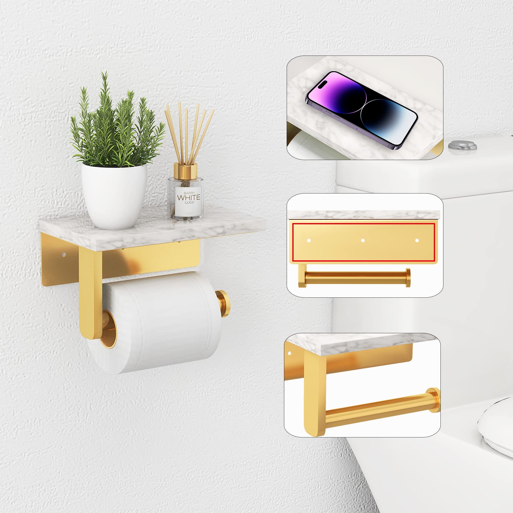 Brushed Gold Toilet Paper Holder with Natural Marble Shelf  304 Stainless Steel Screw Wall Mounted  Tissue Roll Paper Holder Dispenser for Bathroom Washroom