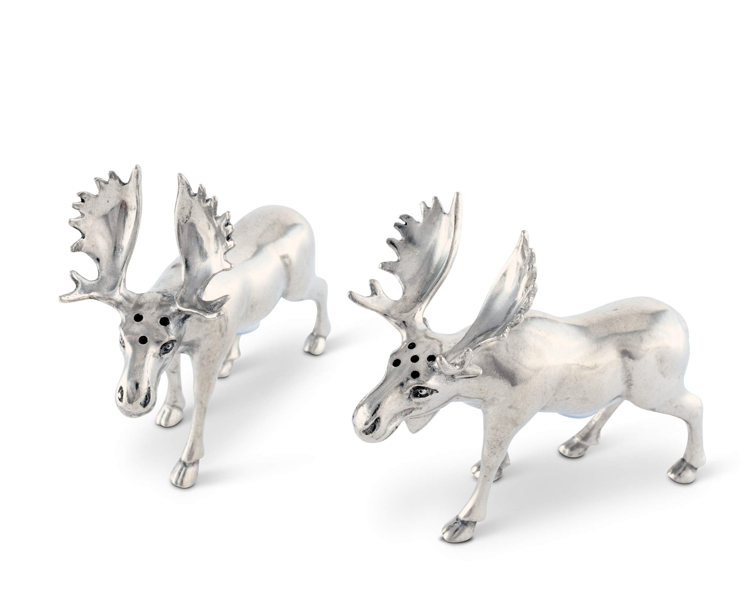 Vagabond House Pewter Metal Moose Salt And Pepper Set Artisan Designer Handcrafted For Cabin Lodge Mountain D  Cor 4.5 Inch Tall