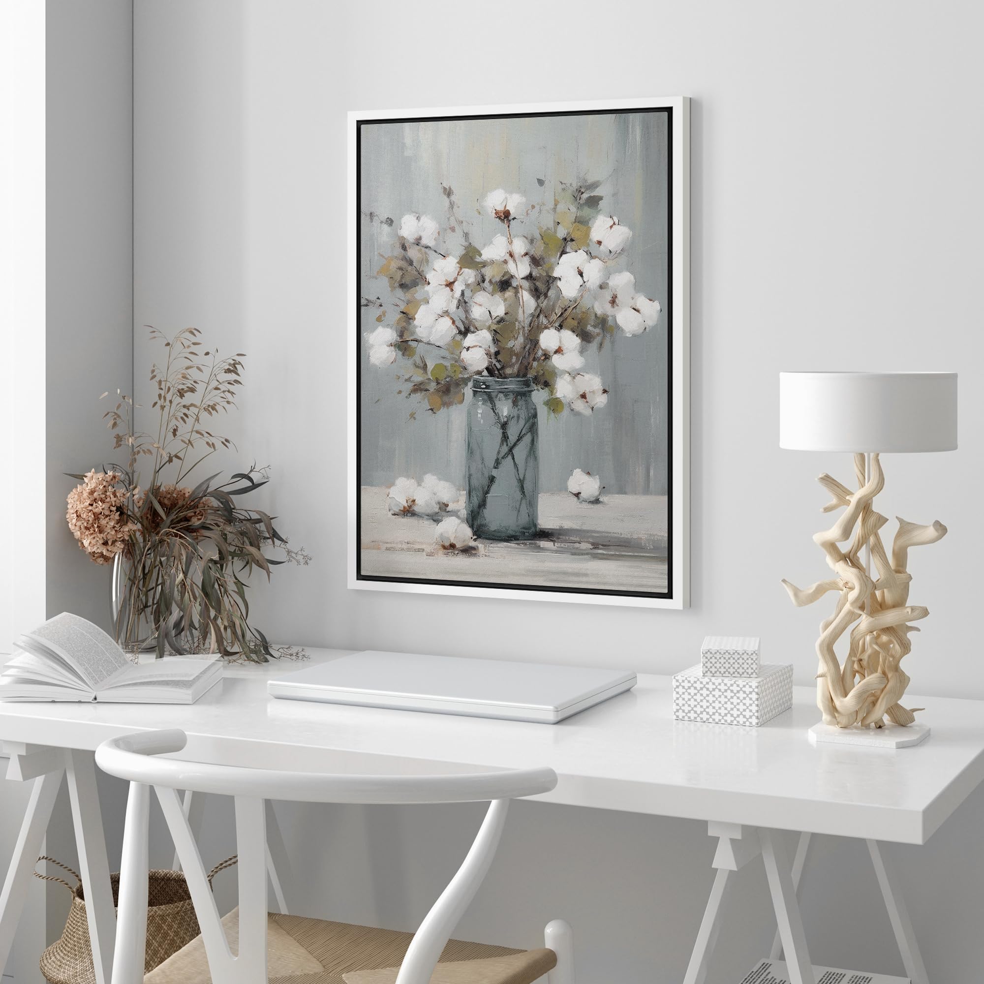 Wall26 Framed Canvas Print Wall Art Watercolor Cotton Flower Still Life Nature Wilderness Illustrations Modern Art Botanical Flo