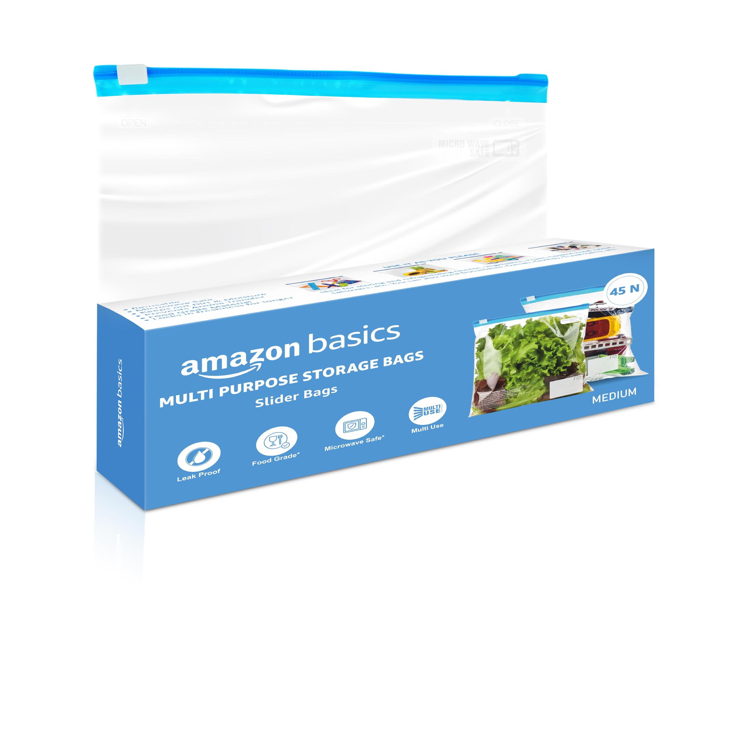 Amazon Basics  Multipurpose Slider Storage Bags | 45 Bags | Medium | 26 X 28 Cm | Reusable And Reclosable | Material Plastic | 