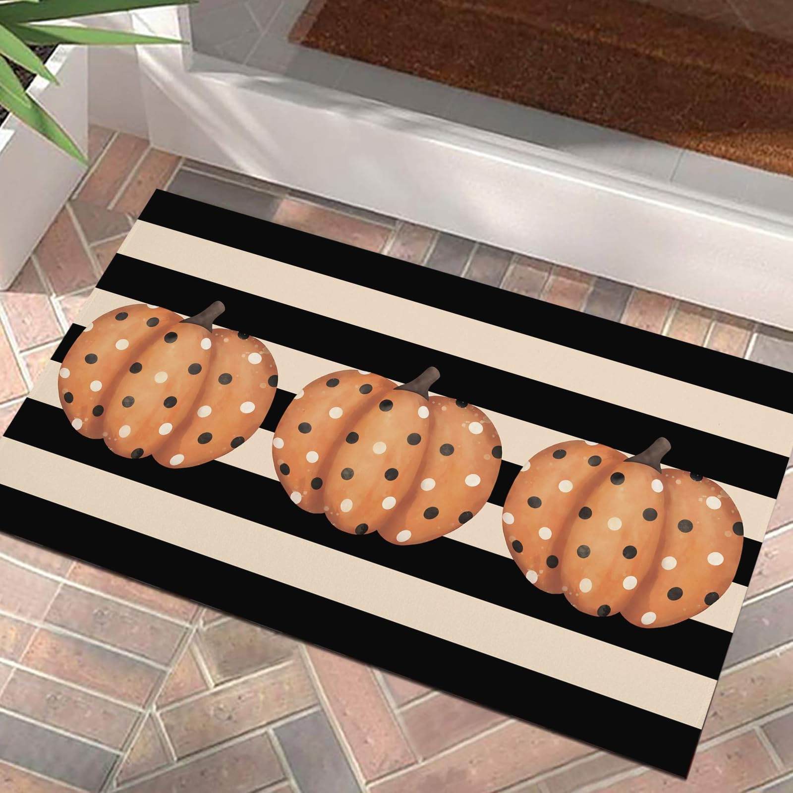 Gloriousa Fall Door Mat Cute Polka Dot Pumpkin Stripes Floor Front Door Welcome Mats Rug Rustic Yard Non Slip Doormat Porch Home