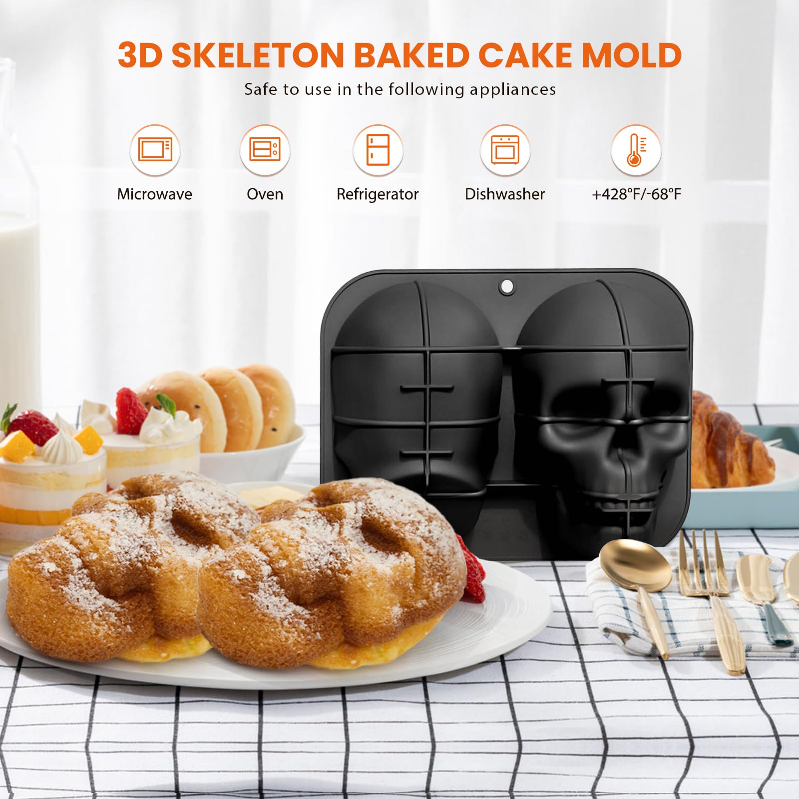 Tznponr 3D Skull Baking Cake Mold For Halloween,Food Grade Silicone Diy Large Skull Cake Pan,Halloween Decor Birthday Part(Black