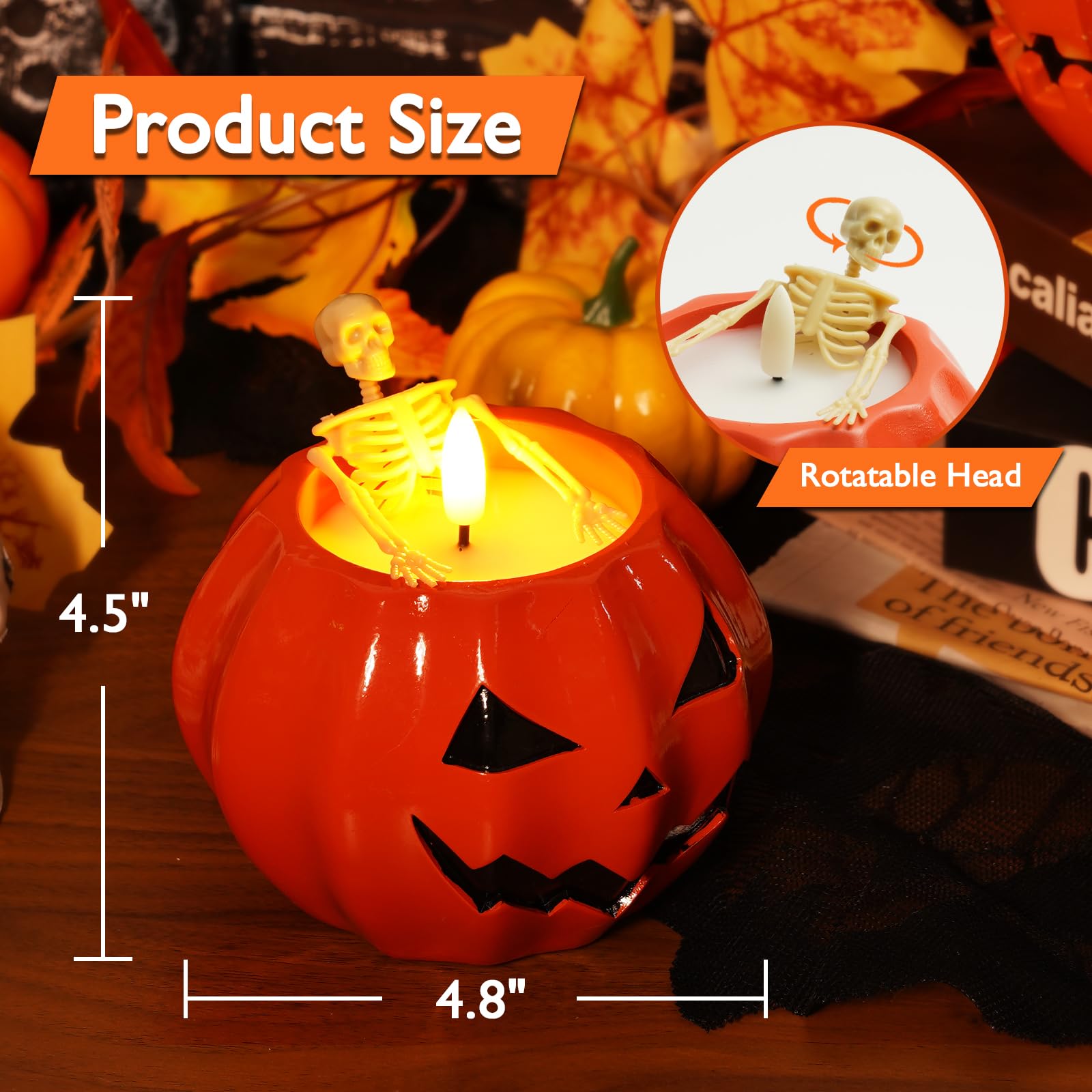 Halloween Decor-Flameless Pumpkin Candles, Real Wax Halloween Skeleton Candles, Flickering Battery Operated Candle with Remote f