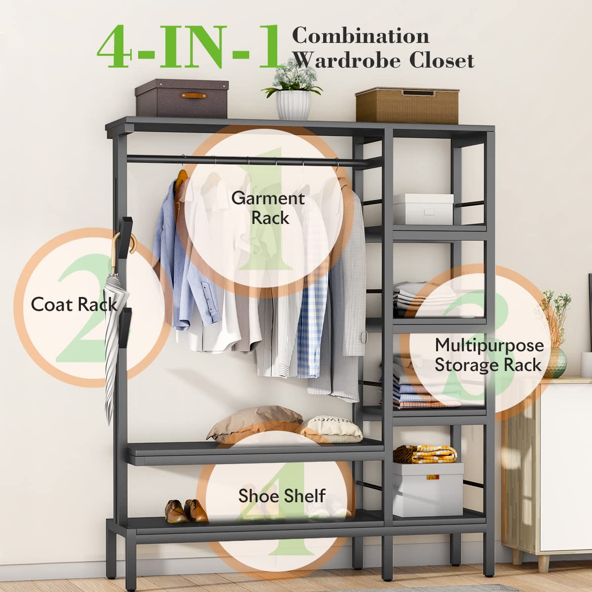 Hokeeper 650Lbs Capacity Free Standing Closet Organizer With 6 Metal Shelves And Coat Rack Heavy Duty Clothing Rack For Hanging