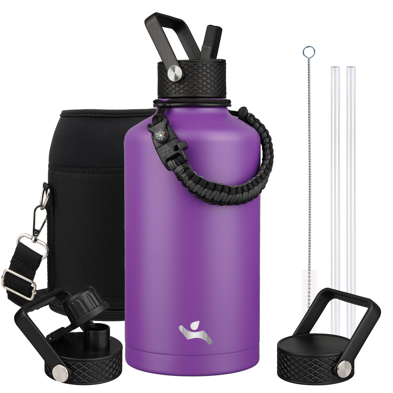 Konokyo Insulated Water Bottle with Straw,87 oz 3 Lids Water Jug with Carrying Bag,Paracord Handle,Double Wall Vacuum Stainless 