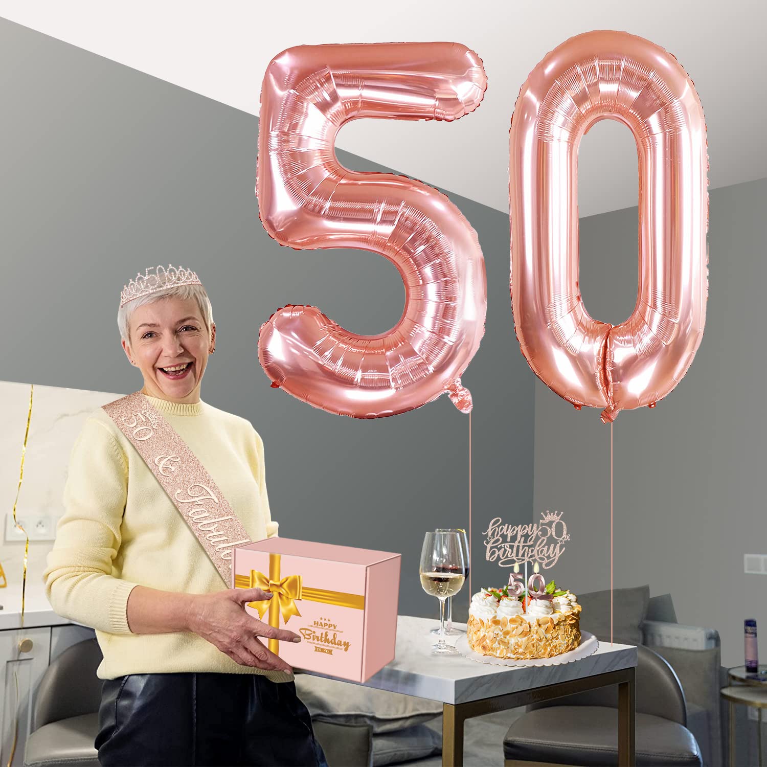 50Th Birthday Decorations Women, Include 50Th Birthday Sash And Tiara, Birthday Cake Topper And Number 50 Candles, Balloons, Bir