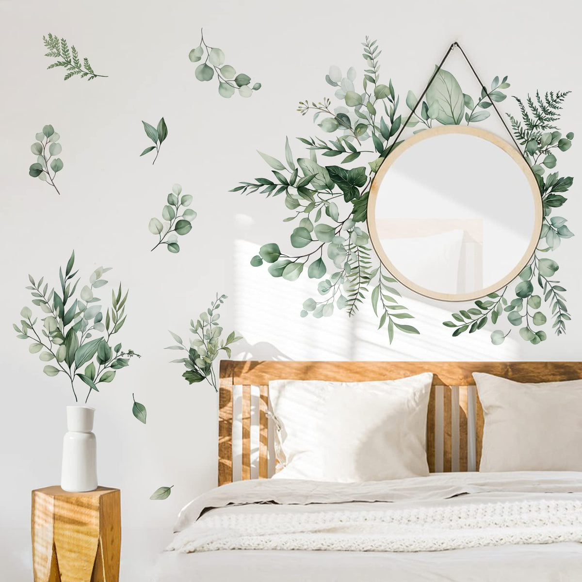 Decalmile Botanical Green Leaves Wall Stickers Eucalyptus Leaf Plants Wall Art Decals Bedroom Living Room Tv Background Wall Dec