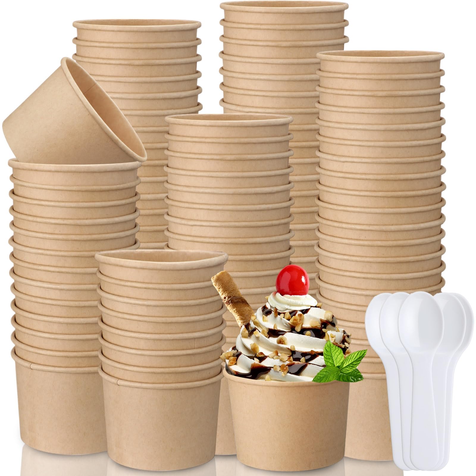 Honeydak 300 Pack 5 oz Kraft Paper Disposable Ice Cream Cups with Spoons Bulk Small Ice Cream Sundae Bowls Treat Dessert Snack F