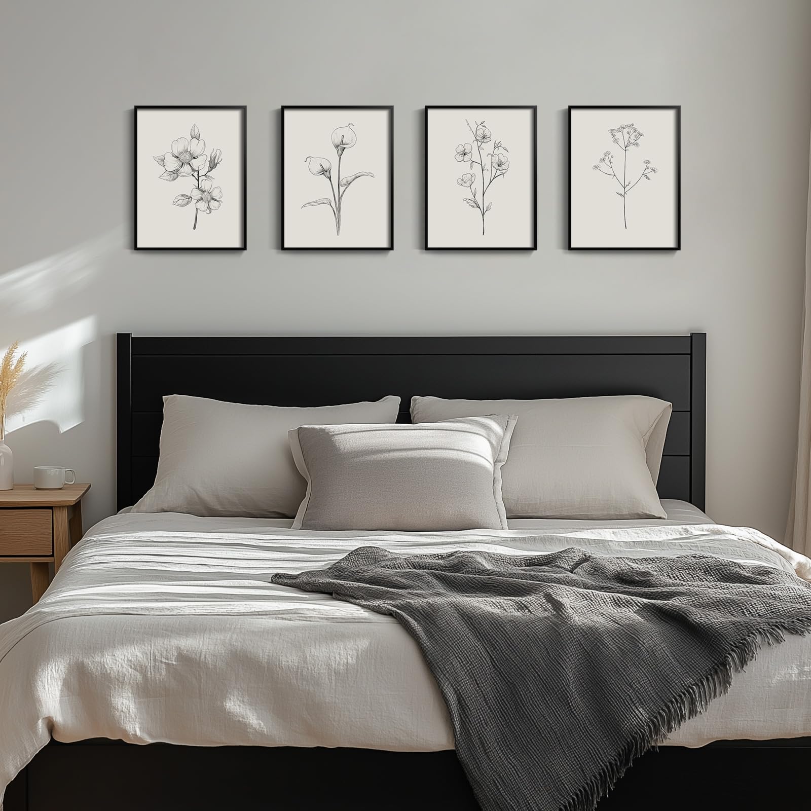 Black And White Floral Wall Art With Black Framed, Set Of 4 Rustic Canvas Paintings Prints Artwork For Walls, Minimalist Flower