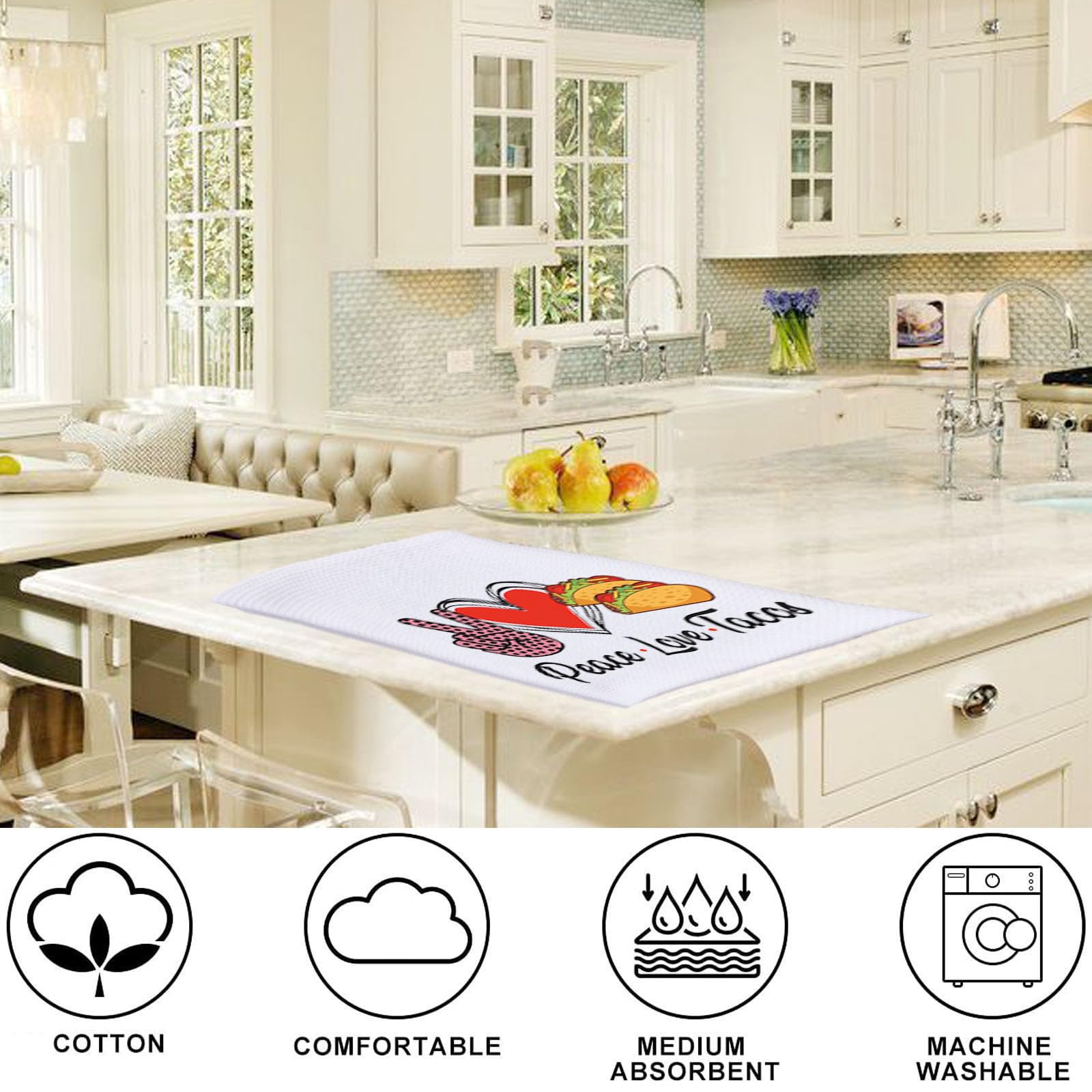 Levlo Funny Tacos Kitchen Towel Tacos Lover Gift Peace Love Tacos Tea Towels Housewarming Gift Waffle Weave Kitchen Decor Dish T