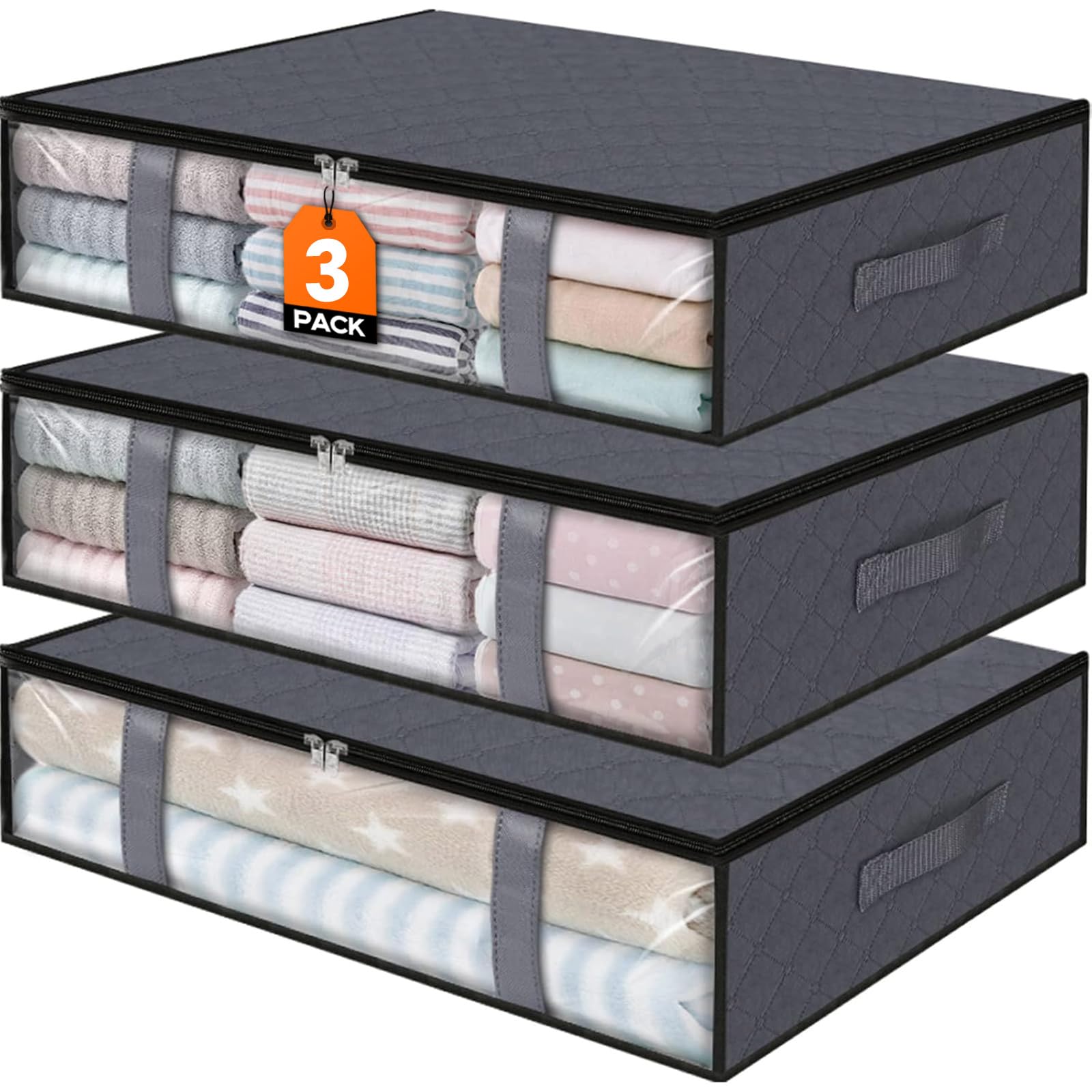 StorageRight Under Bed Storage Bins, 3-Pack 40L Foldable Fabric Storage Bags with Transparent Window, Breathable Organizer for C