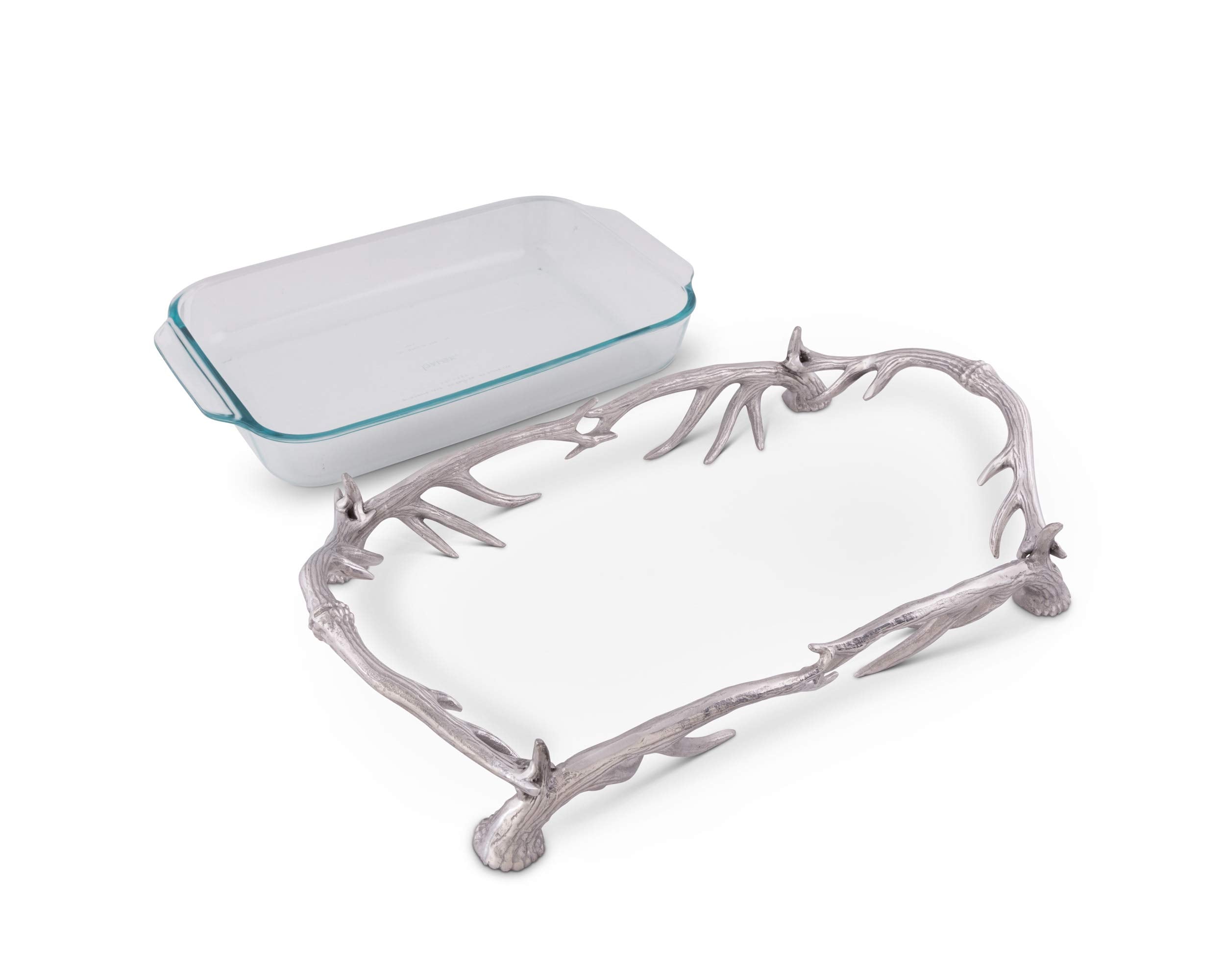 Arthur Court Metal Pyrex Glass Casserole Dish Holder Rustic Antler Pattern Sand Casted In Aluminum With Artisan Quality Hand Pol