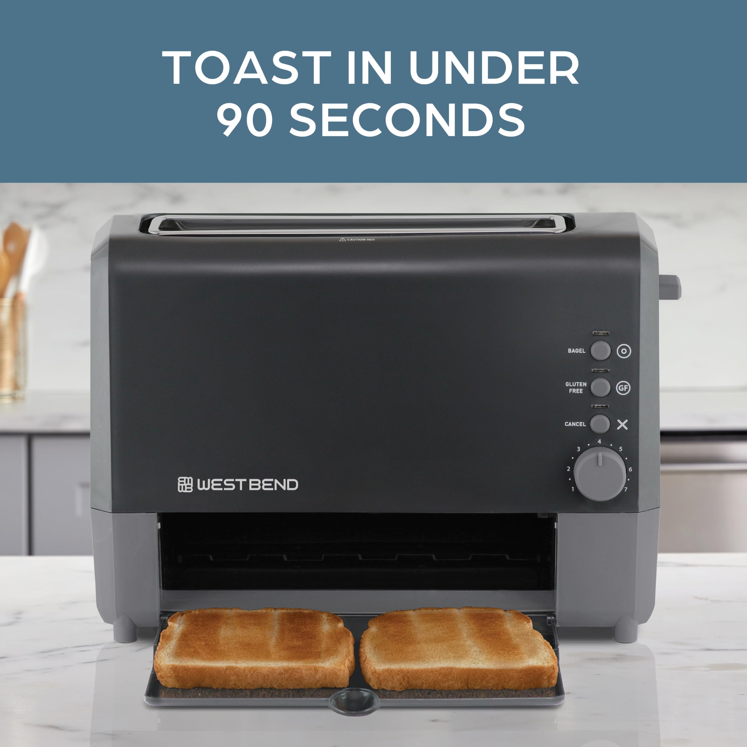 West Bend QuikServe Toaster 2-Slice, Black, Bagel & Gluten-Free Settings, 1400-Watts, Cool-Touch Exterior, Model 77224
