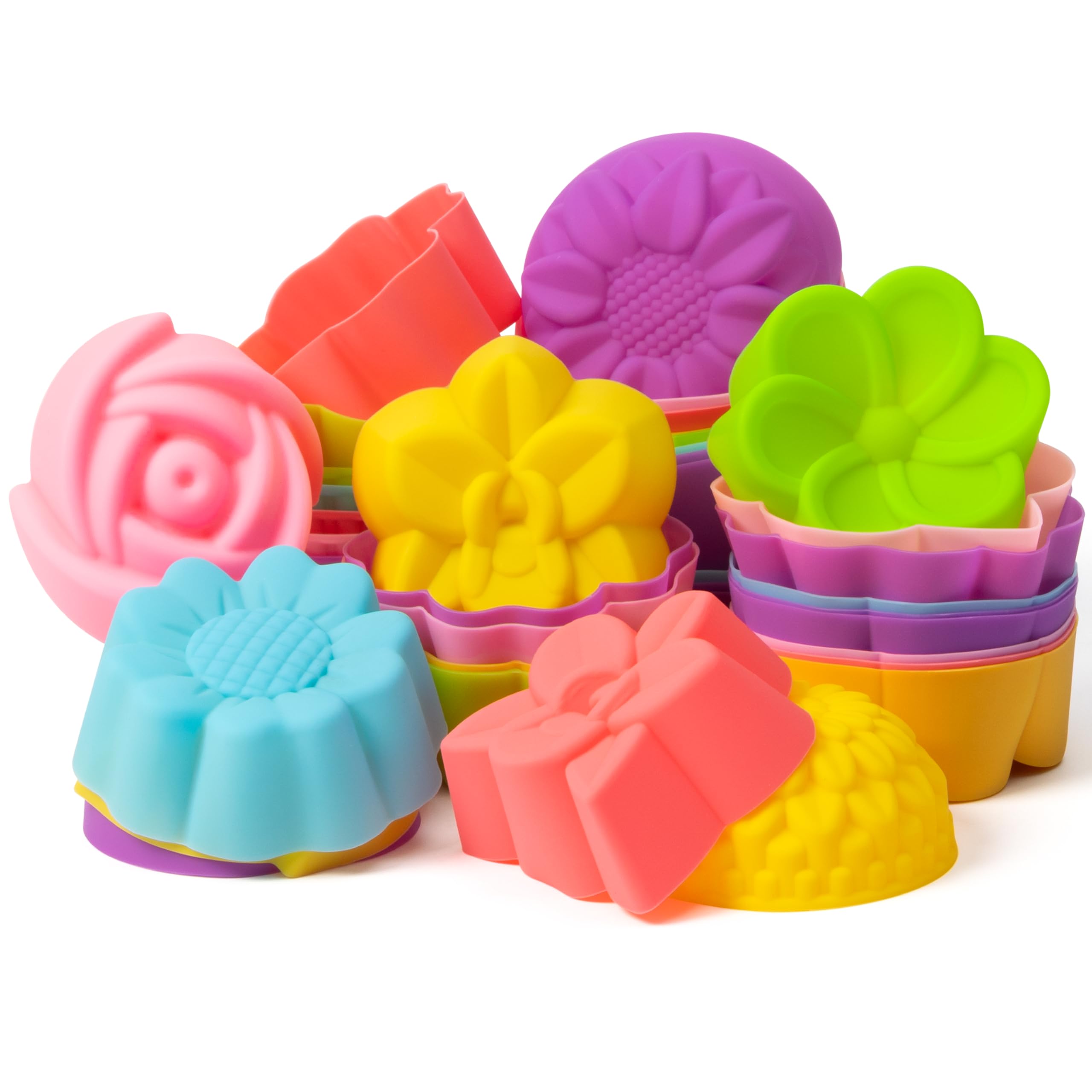 R HORSE 42Pcs Extra Large Silicone Molds, 3 x 1.2 inch Jumbo Cupcake Multi Flower Shapes Baking Cups NonStick Donut Wrapper Mol