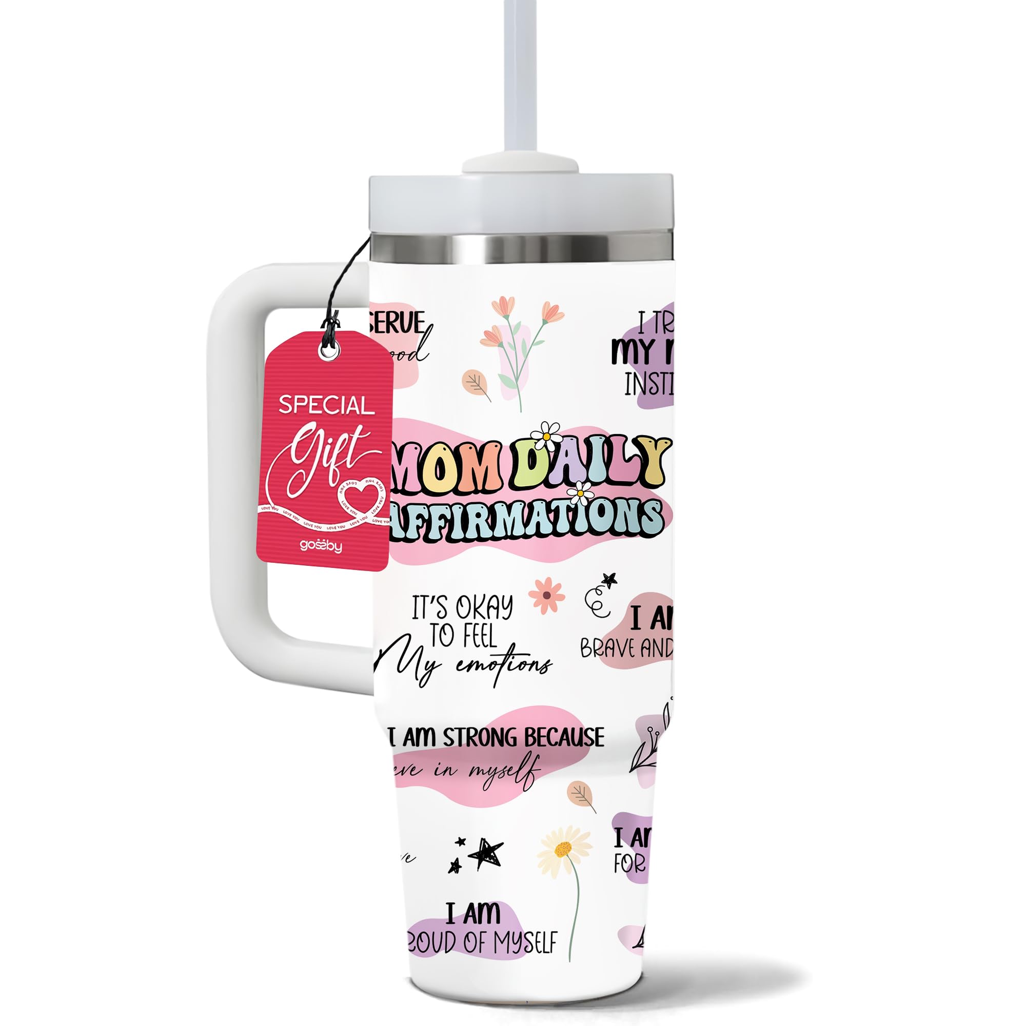 Gossby Mom Daily Affirmations Tumbler, 30oz Stainless Steel with Handle