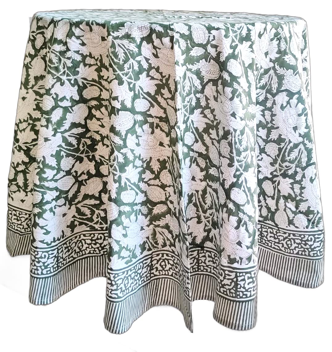 Atosii Meraki Green 100% Cotton Round Summer Tablecloth, Block Print Floral Table Cloth For Kitchen Dining Linen I Parties, Wedd