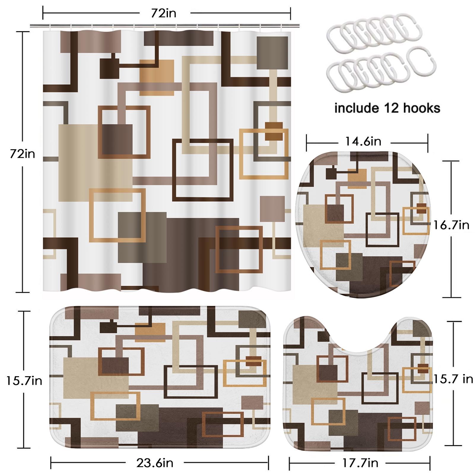 Geometric Brown Shower Curtain Set with Toilet Lid Cover and Non-Slip Rugs  Abstract Square 4 Pcs Shower Curtain for Bathroom  Modern Simple Line Bathroom Decor
