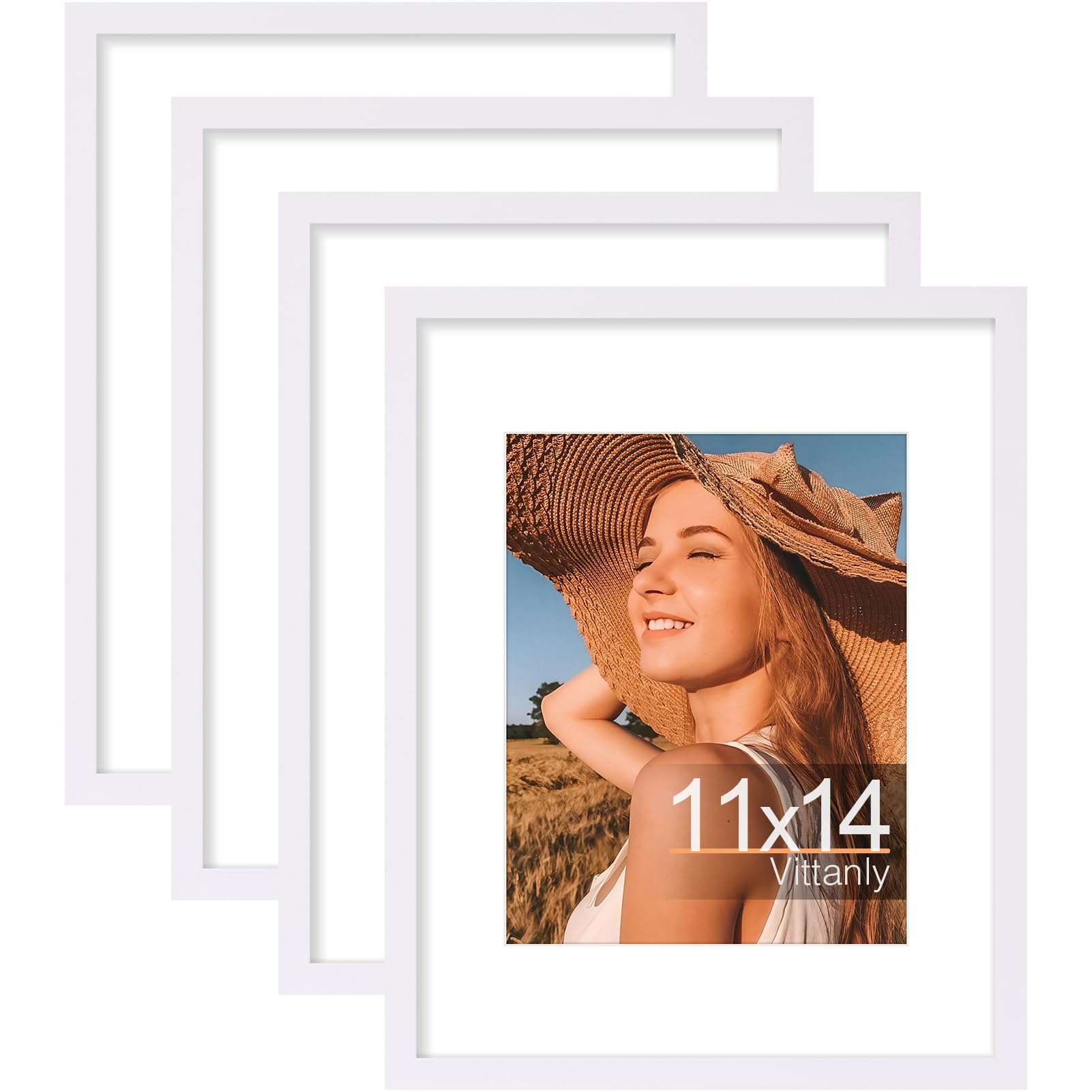 Vittanly 11x14 Picture Frame Set of 4, Display Pictures 8x10 with Mat or 11x14 without Mat, Gallery Wall Frame Set for Wall or T
