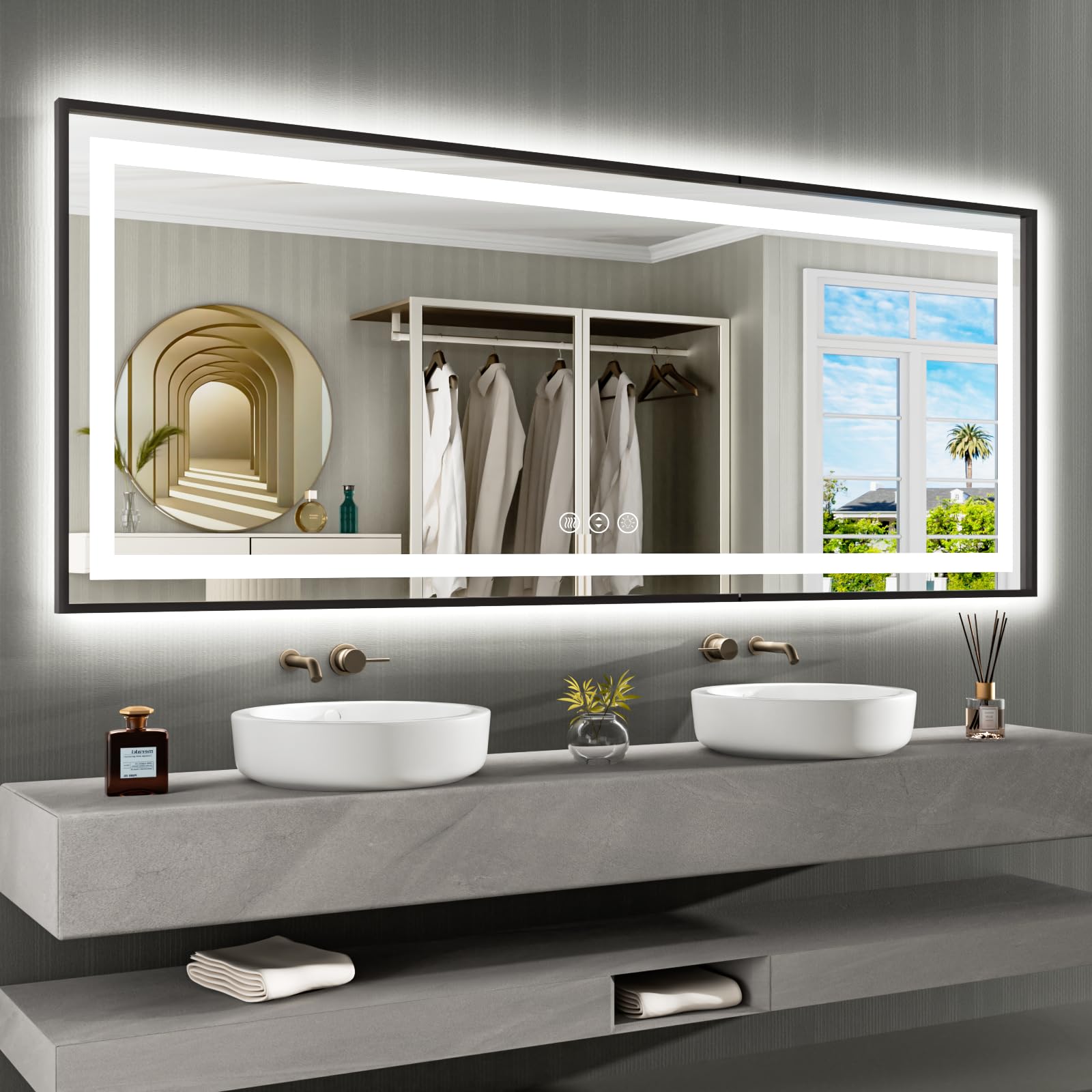 Amorho 84''X 32'' Led Bathroom Mirror Framed, Front Light And Backlit, Stepless Dimmable, Anti-Fog, Shatter-Proof, Memory, 3 Col