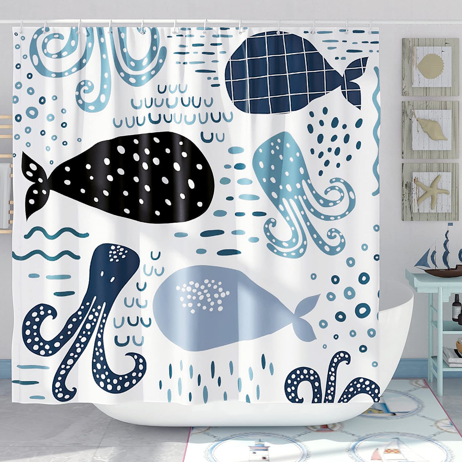 Desihom Blue Whale Shower Curtain Set Cool Funny Ocean Cartoon Shower Curtains For Bathroom Cute Kids Bathroom Decor Polyester F