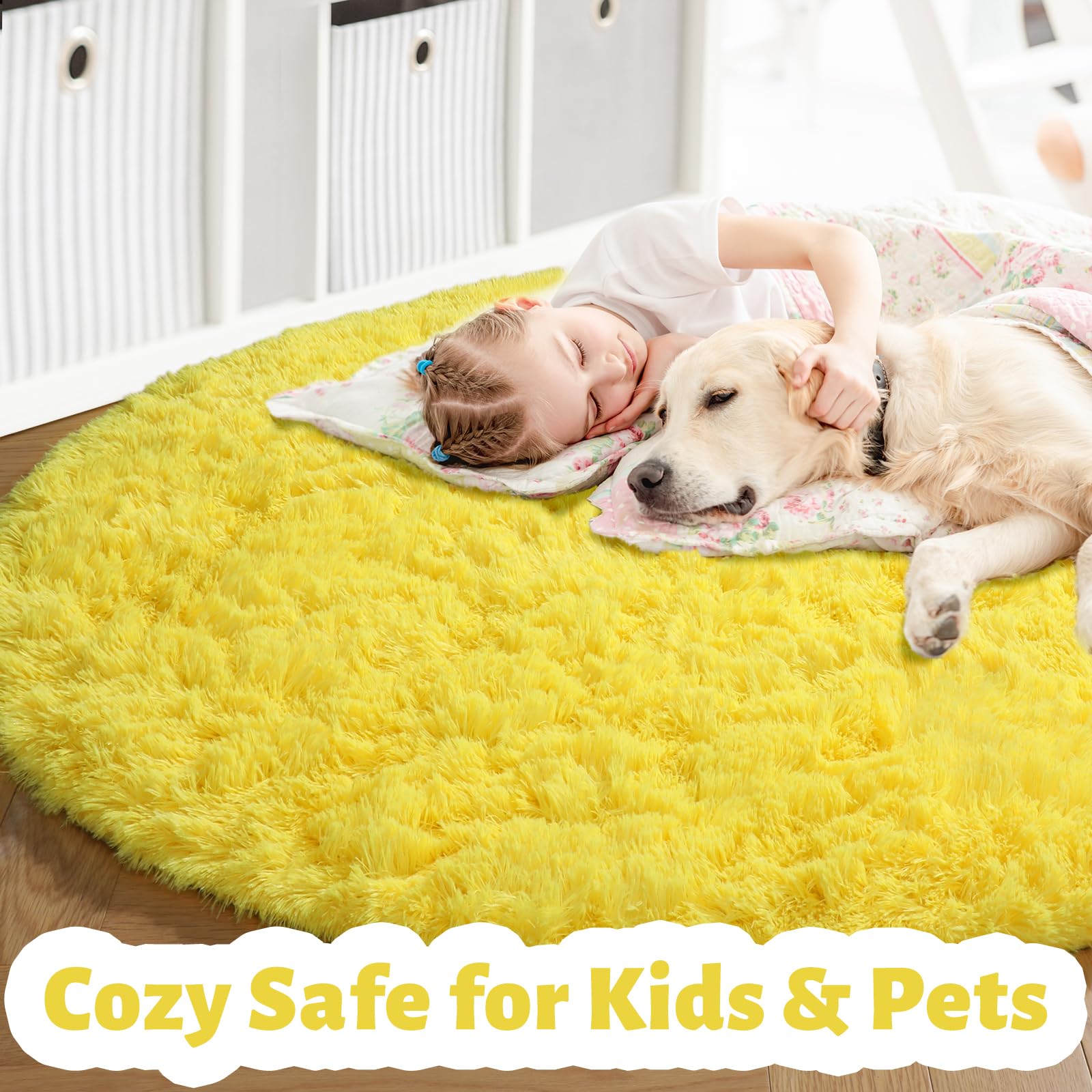 Amdrebio Yellow Round Circle Area Rug 4Ft for Bedroom Living Room, Fluffy Fuzzy Plush Rugs for Kids Room Decor Aesthetic, Cute F