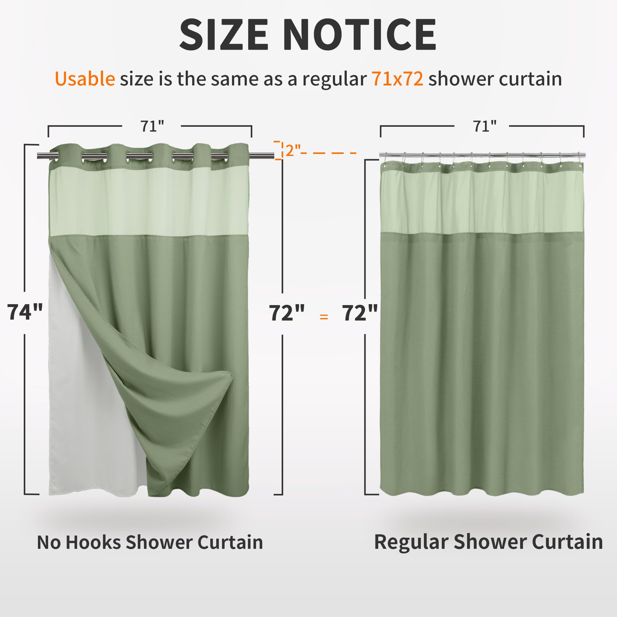 River Dream Sage Green No Hooks Required Shower Curtain with Snap in Liner - Waffle Weave Hotel Grade Spa Like Bath Curtain 71W x 74H