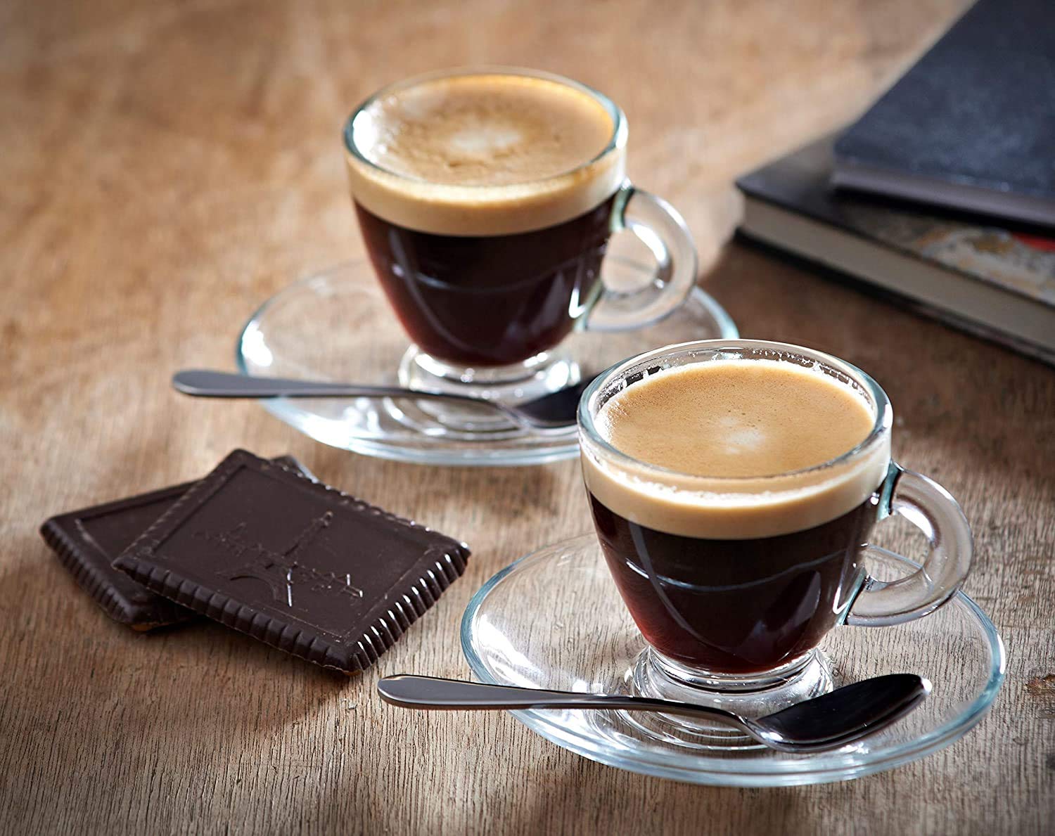 Espresso Cups  3.2 oz Small Demitasse Clear Glass Espresso Drinkware  Set Of Cups  Saucers and Stainless Steel mini Spoons + Free Glass Spoons (set of 6)