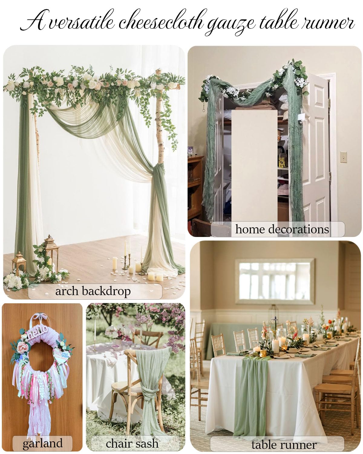 Fusenyuan Sage Cheesecloth Table Runner 10Ft 5Pcs For Boho Wedding Farmhouse Party Rustic Gauze Table Runner 120'' X 35'' For Br