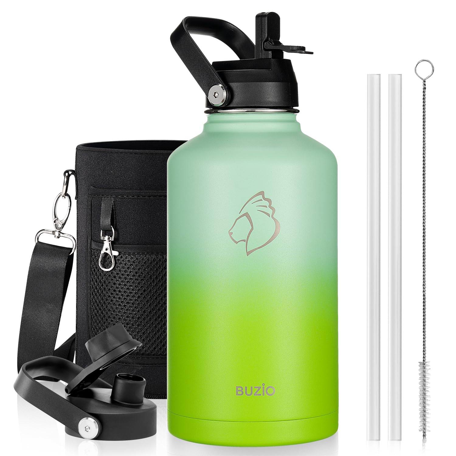 BUZIO 64oz Insulated Water Bottle, Triple Wall Stainless Steel (Cold for 48 Hrs) Leakproof Half gallon Jug/Flask with Straw Lid 