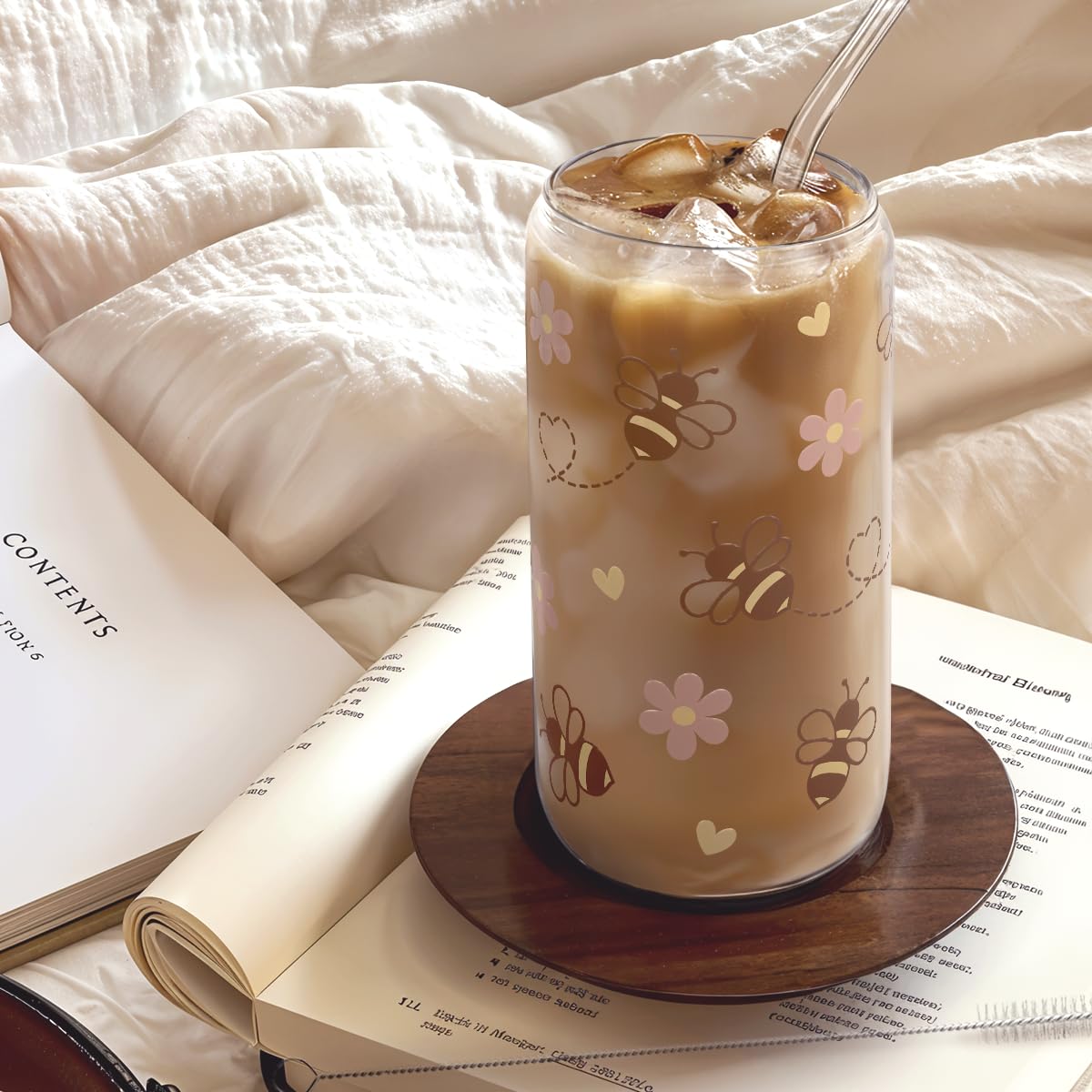 Bee 16oz Can Glass Tumbler with Acrylic Lid & Straw - Iced Coffee Cup for Women Girls, Aesthetic Cups Gifts for Birthday Christm