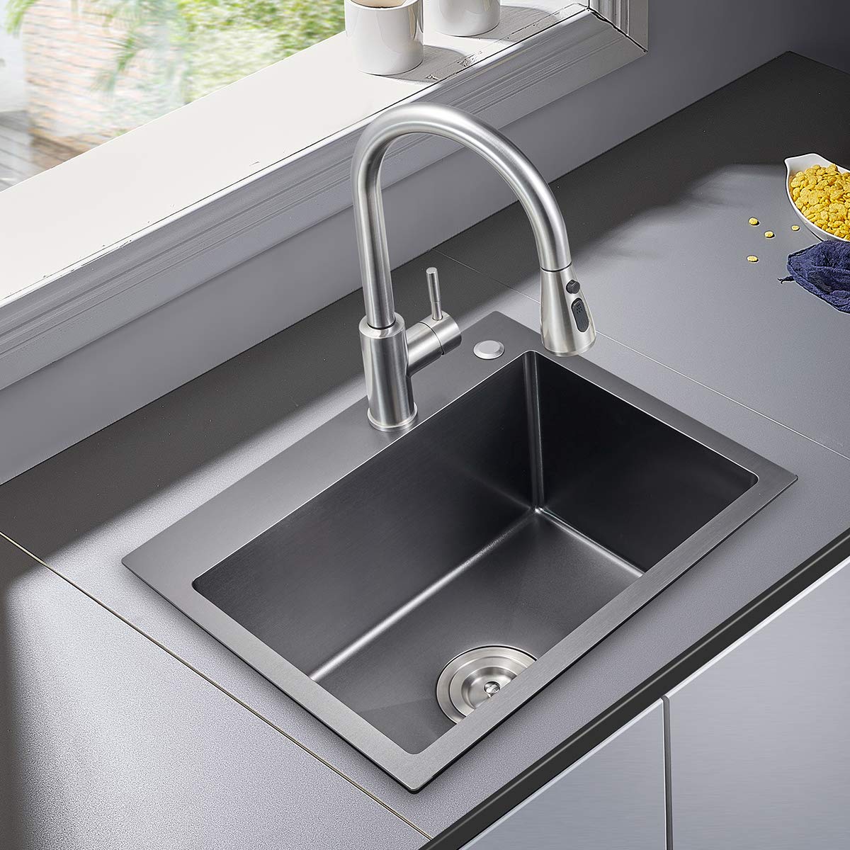Ougoo 22 X 18 Inch Drop In Kitchen Sink, 9'' Deep Single Bowl Kitchen Sinks,T-304 Stainless Steel Topmount Sink With Strainer, B