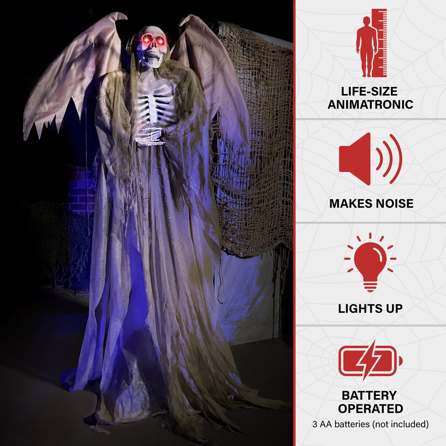 Haunted Hill Farm Lifesize Animatronic Scary Reaper with Wings with Touch Activated Lights and Sound, Battery-Operated Indoor or