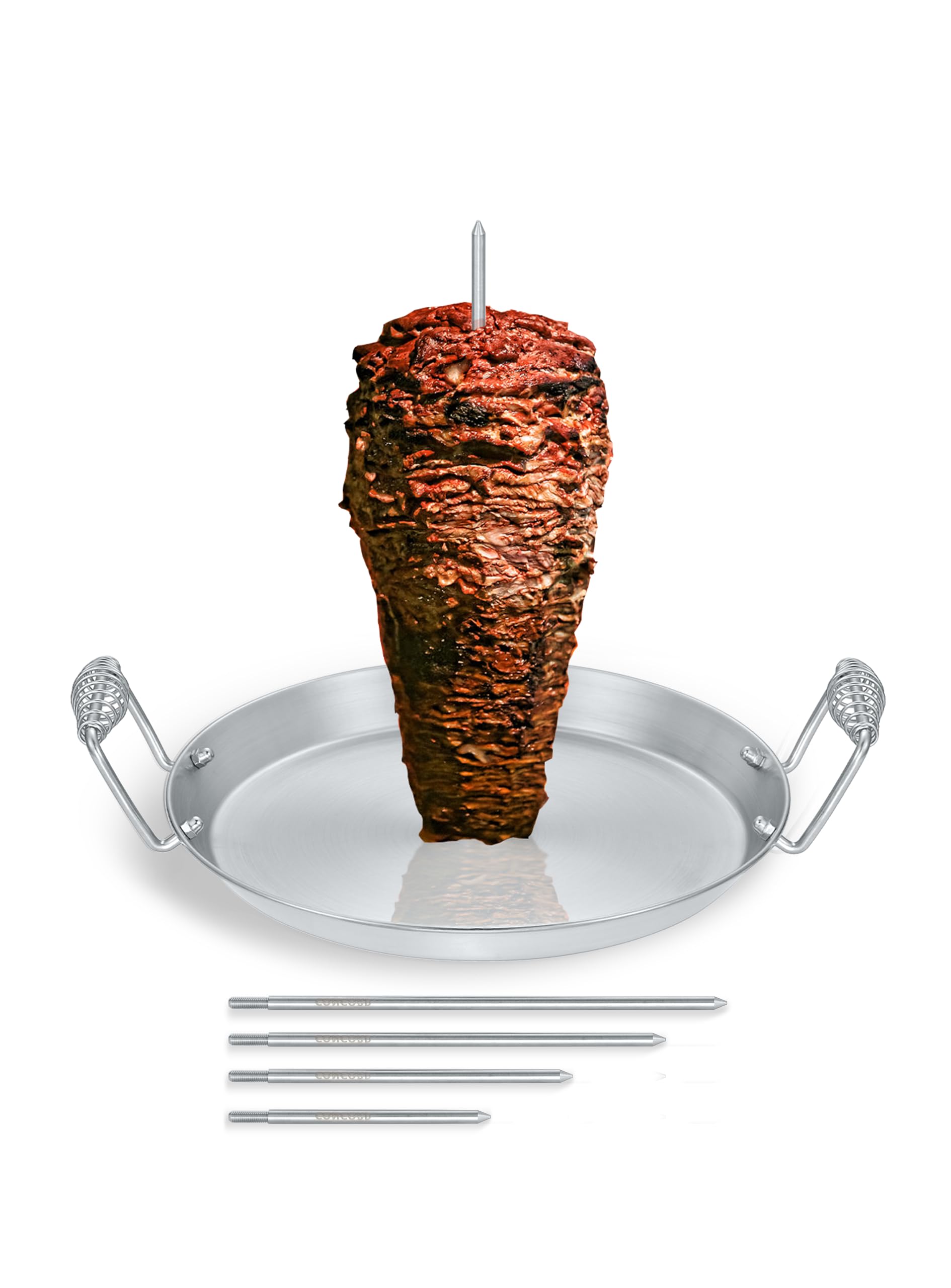 Concord Stainless Steel Vertical Al Pastor Skewer With Plate For Outdoor Bbq Grills. Great For Tacos, Gyro, Shawarma, Whole Chic