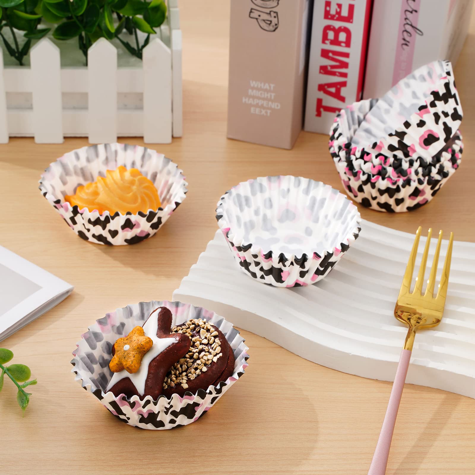 Whaline 300Pcs Cow Print Cupcake Liners Cow Paper Muffin Cupcake Liners 2X1.2 Inch Cow Animal Baking Cups Holders Cupcake Liners