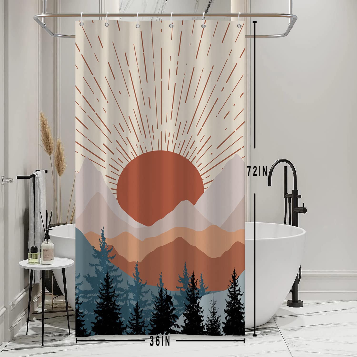 Ruelvth Stall Shower Curtain, Mid Century Boho Sunrise Small Shower Curtain Waterproof Abstract Terracotta Mountain Forest Narro