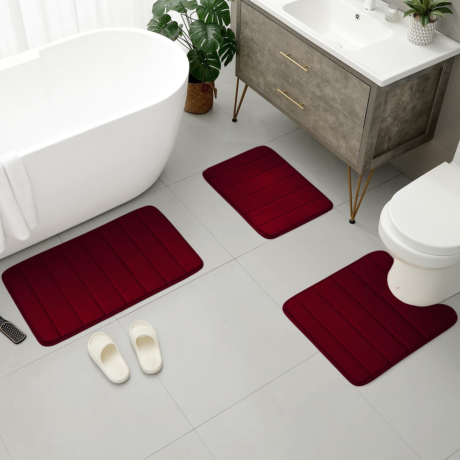 Bysure Burgundy Memory Foam Bathroom Rug Set 3 Piece, Non Slip Extra Soft Absorbent Bath Mats, Machine Washable & Dry Toilet Mat
