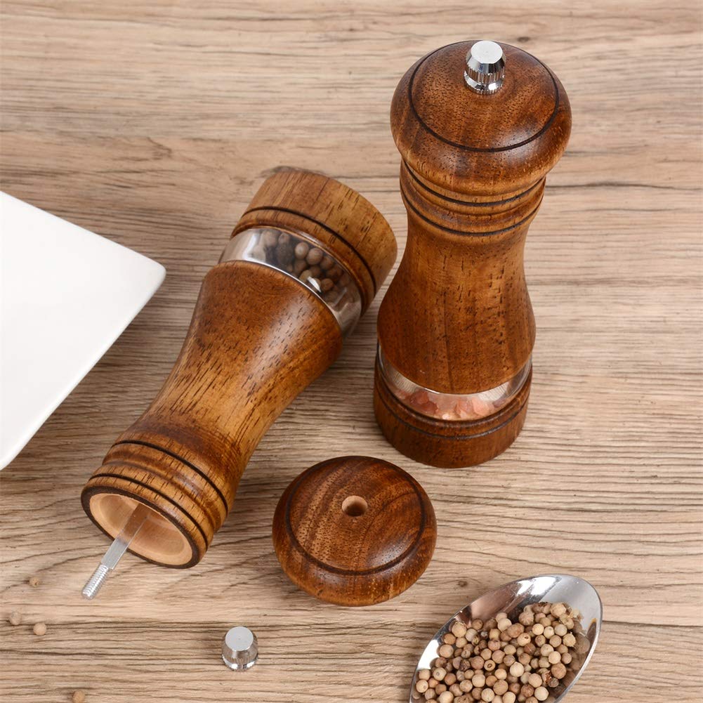 Haomacro Wood Salt And Pepper Grinder Set, Manual Mills With Acrylic Window, Adjustable Ceramic Grinding - 6.5Inch, 2 Pack